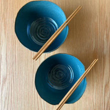 Load image into Gallery viewer, Top view of a pair of turquoise blue ramen bowls showing interior and rims