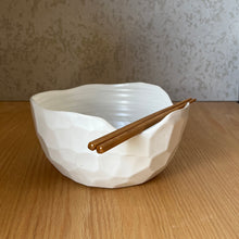 Load image into Gallery viewer, White ramen Bowl faceted with chopsticks made by Ruth Byrne BYRNT ceramics Orange NSW