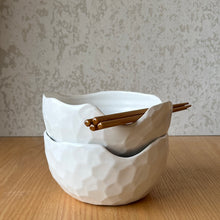Load image into Gallery viewer, Pair of white ramen bowls faceted with chopsticks side view showing facets and rims