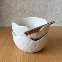 Load image into Gallery viewer, Pair of white ramen bowls faceted with chopsticks angle showing contrast between inside walls and outside