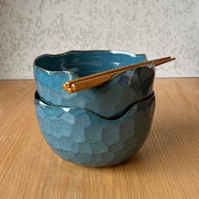Load image into Gallery viewer, Higher angle shot of two turquoise blue ramen bowls showing interior and rims contrasted with the exterior
